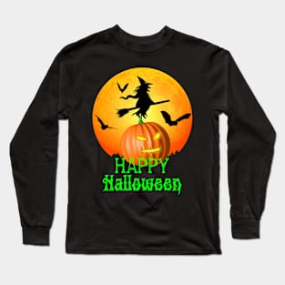 Flying Witch Jack O Lantern Happy Halloween Long Sleeve T-Shirt